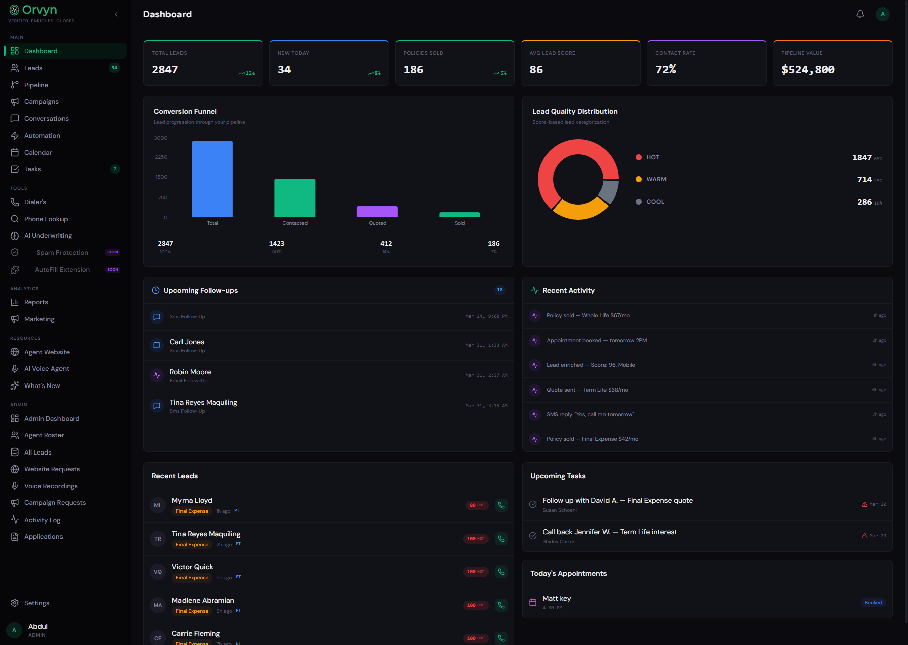 Orvyn CRM Dashboard — lead management, pipeline, and AI tools
